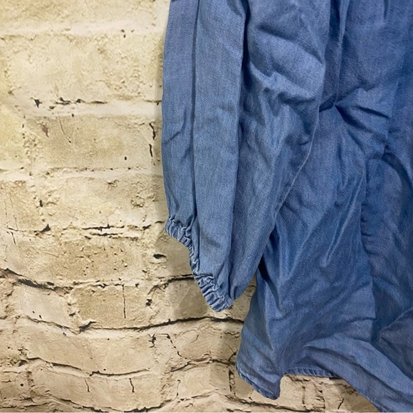 Marc New York Blue Chambray Ruffle Neck 3/4 Sleeve Button Up Oversized Top - Picture 3 of 6